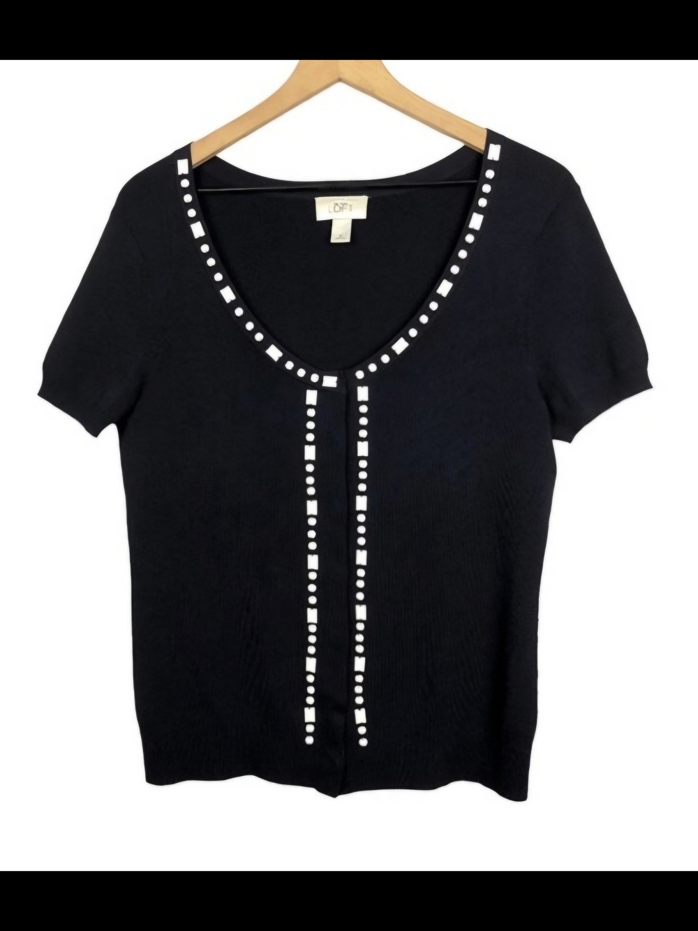 LOFT Navy Short Sleeve Scoop Neck Top with White Stud Detailing, snap buttons